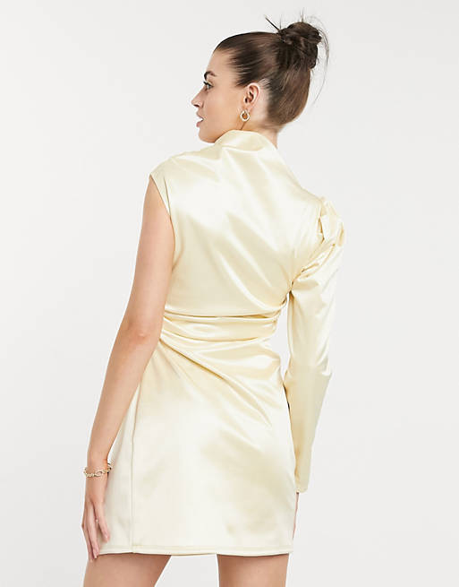  one shoulder tuck wrap mini dress in champagne gold 