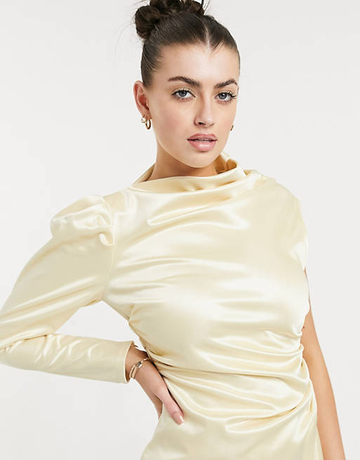  one shoulder tuck wrap mini dress in champagne gold 