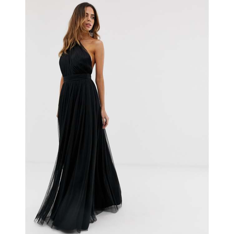 ASOS DESIGN one shoulder tulle maxi dress in black