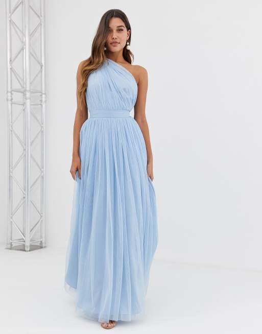 ASOS DESIGN one shoulder tulle maxi dress in blue | ASOS