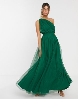 one shoulder tulle gown