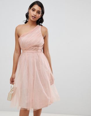 one shoulder pink midi dress