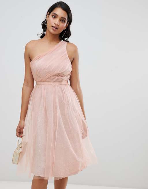 ASOS DESIGN one shoulder tulle midi dress with glitter lining ASOS