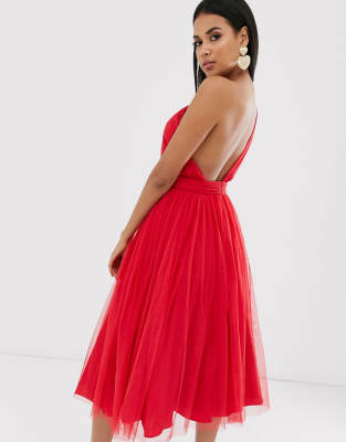 red tulle midi dress