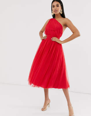 one shoulder red midi dress