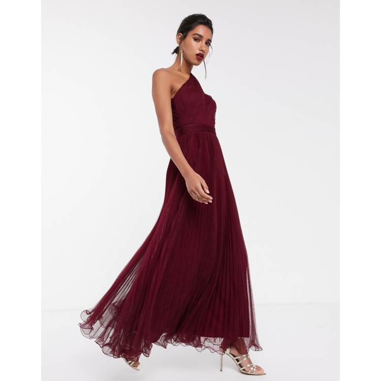 ASOS DESIGN one shoulder tulle wired hem maxi dress in oxblood