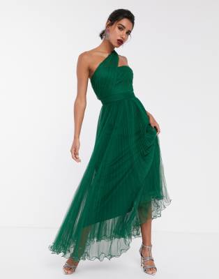 emerald green one shoulder pleated detail midi dress