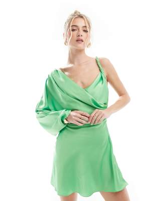 ASOS DESIGN one shoulder twist detail draped mini dress in bright green