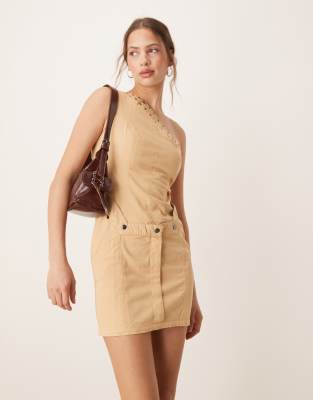 Asos Design One Shoulder Utility Mini Dress In Neutral
