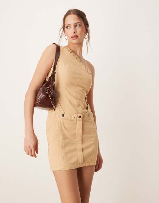 ASOS DESIGN one shoulder utility mini dress in washed stone