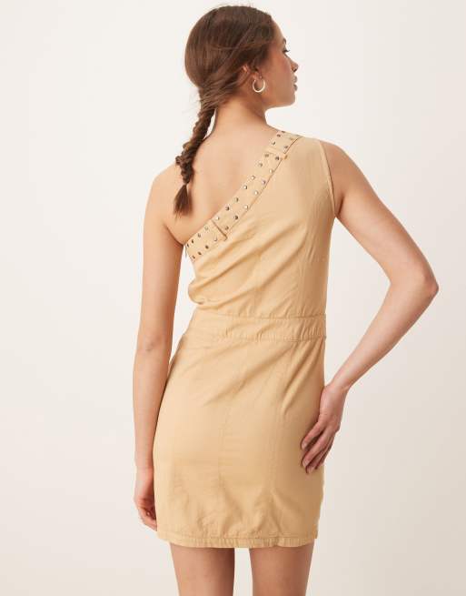 ASOS DESIGN one shoulder utility mini dress in washed stone