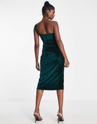 asos green velvet wrap dress ASOS DESIGN one shoulder velvet drape corset detail midi dress in bottle  green