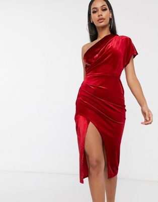 red one shoulder draped midi dress