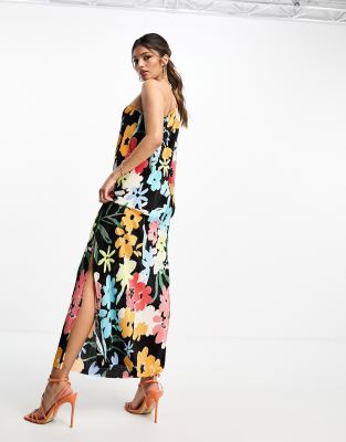 ASOS DESIGN one shoulder volume sleeve plisse maxi dress in black floral