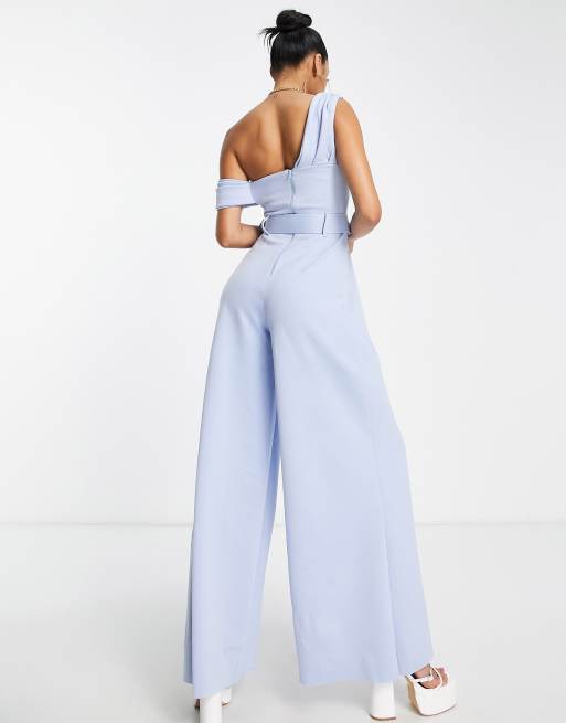 ASOS DESIGN  one shoulder wide leg belted jumpsuit in pastel blue in scuba-style fabric, 2 of 4