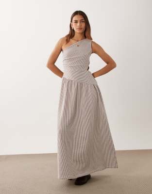 Asos Design One Shoulder With Cinched Dropped Hem Midi Dress In Brown