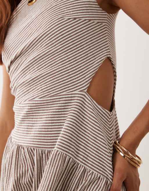 ASOS DESIGN one shoulder with cinched dropped hem midi dress in stripe print, 2 of 4