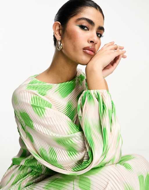 ASOS DESIGN one shoulder with drape front maxi dress plisse in green print  | ASOS