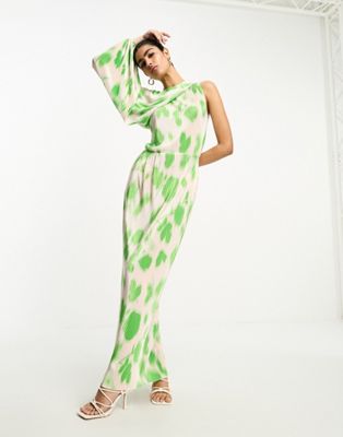 ASOS DESIGN one shoulder with drape front maxi plisse in green print