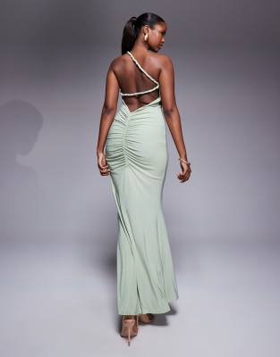 Asos Design One Shoulder With Ruching Maxi Dress In Green