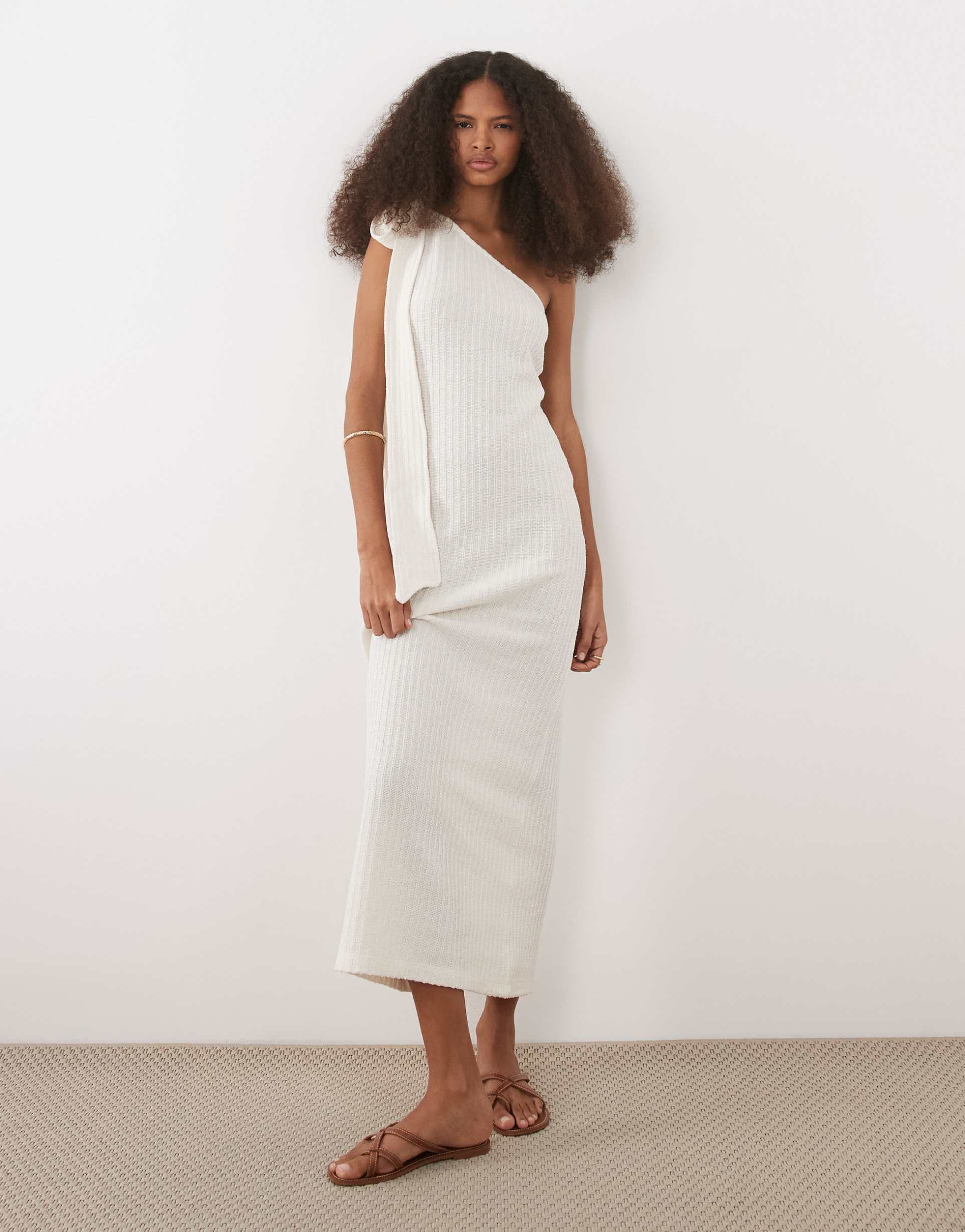 asos design one shoulder with tie detail maxi dress in cream