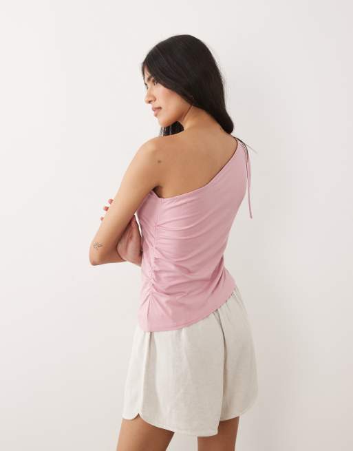 ASOS DESIGN one shoulder with tie detail top in pink - part of a set, 4 of 4