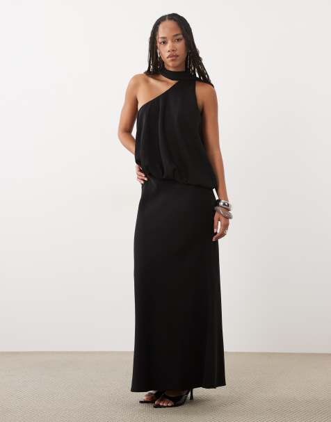 ASOS DESIGN one shoulder with tie neck maxi dress in black - view 1