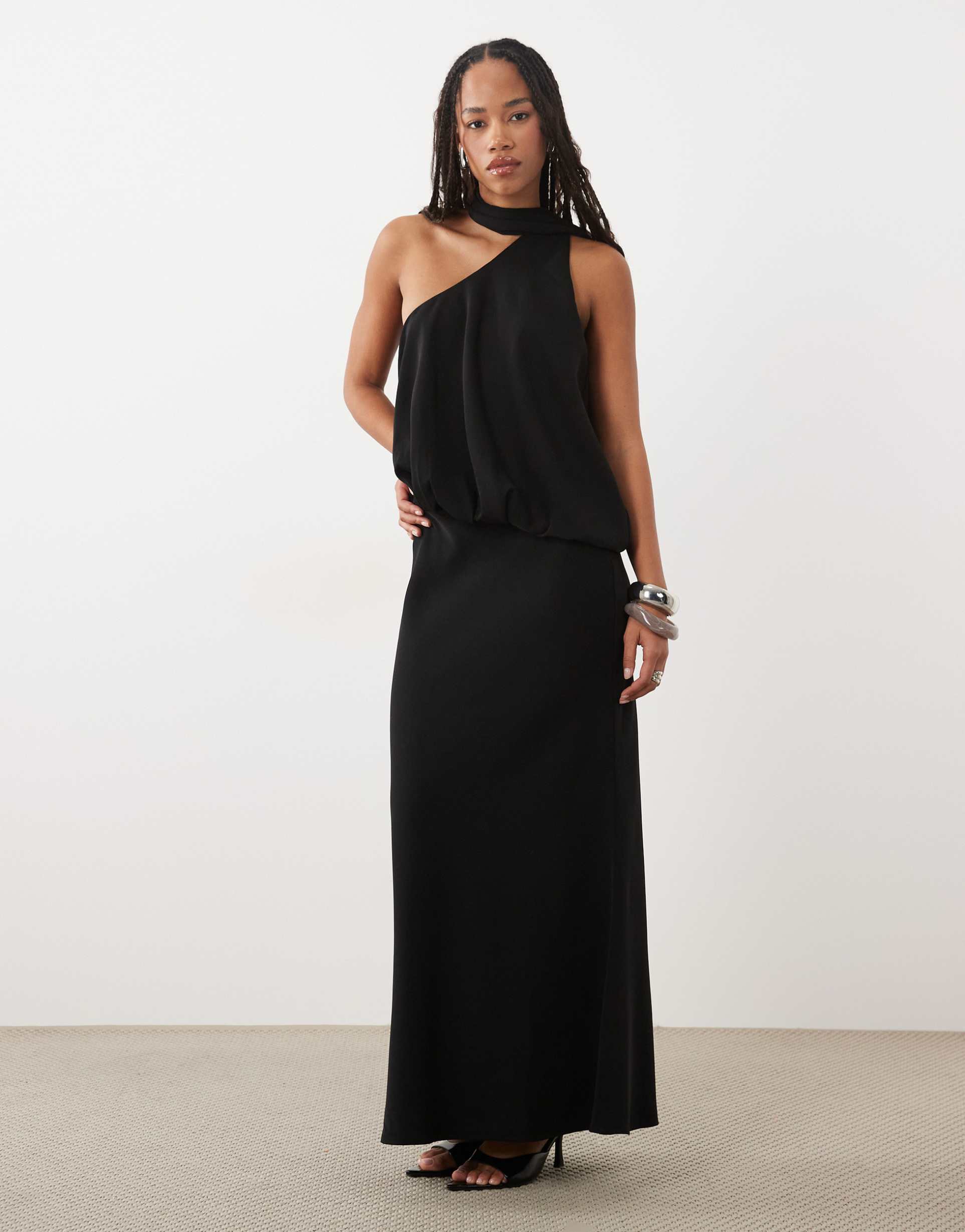 asos design one shoulder with tie neck maxi dress in black