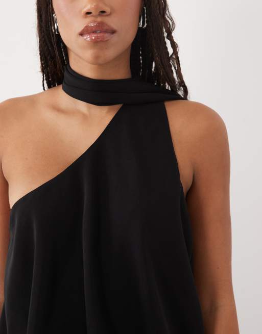 ASOS DESIGN one shoulder with tie neck maxi dress in black, 3 of 4