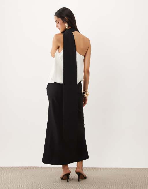 ASOS DESIGN one shoulder with tie neck maxi dress in mono colour block, 4 of 4