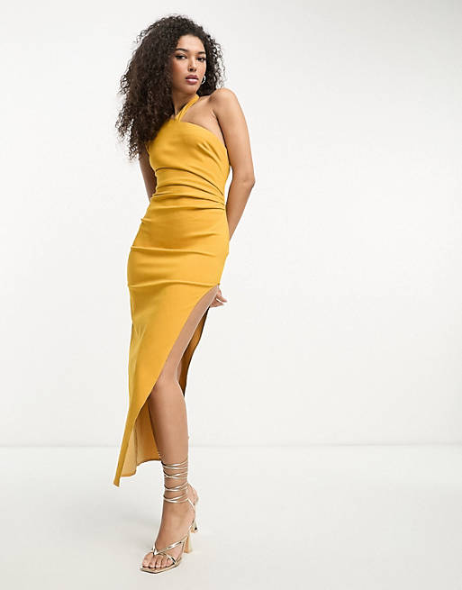 ASOS DESIGN one shoulder wrap neck body-conscious midi dress with split in mustard