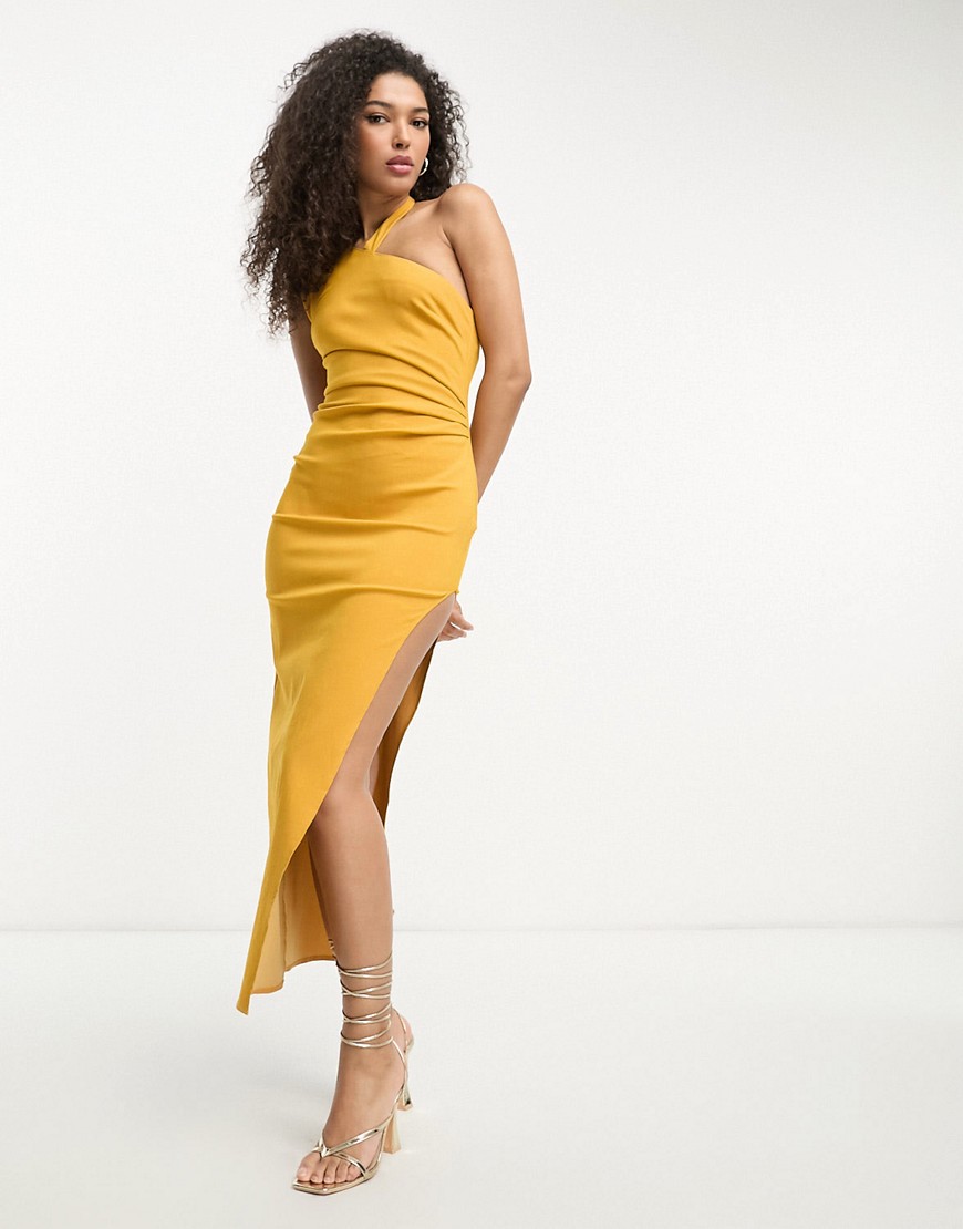 ASOS DESIGN one shoulder wrap neck bodycon midi dress with split in mustard-Yellow