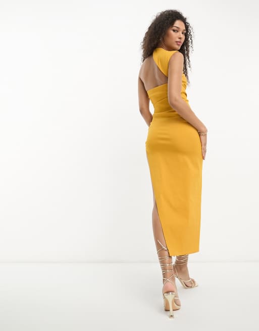 ASOS DESIGN one shoulder wrap neck bodycon midi dress with split in mustard