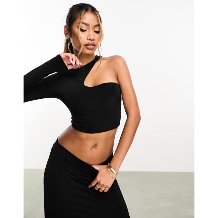 ASOS DESIGN one sleeve asymmetric cut out long sleeve top in black