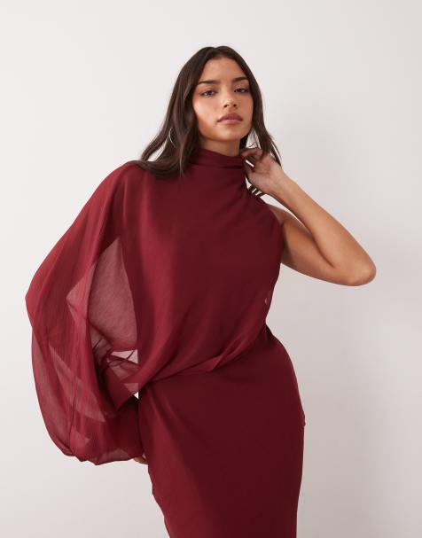 ASOS DESIGN one sleeve blouson overlay bias cut maxi dress in berry - view 1