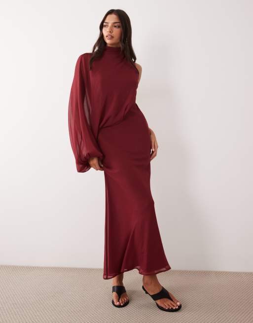 ASOS DESIGN one sleeve blouson overlay bias cut maxi dress in berry, 3 of 4