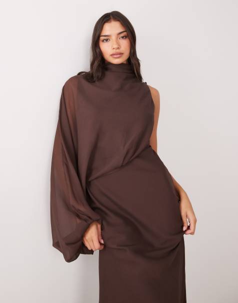 ASOS DESIGN one sleeve blouson overlay bias cut maxi dress in chocolate - view 1