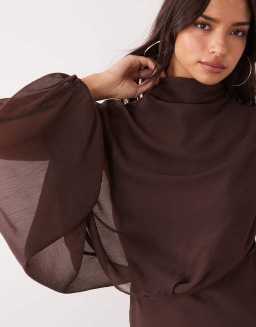 ASOS DESIGN one sleeve blouson overlay bias cut maxi dress in chocolate, 2 of 4