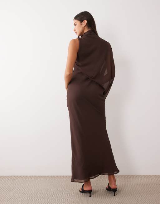 ASOS DESIGN one sleeve blouson overlay bias cut maxi dress in chocolate, 4 of 4
