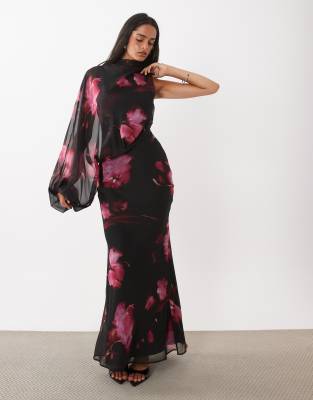 Asos Design One Sleeve Blouson Overlay Bias Cut Maxi Dress In Black