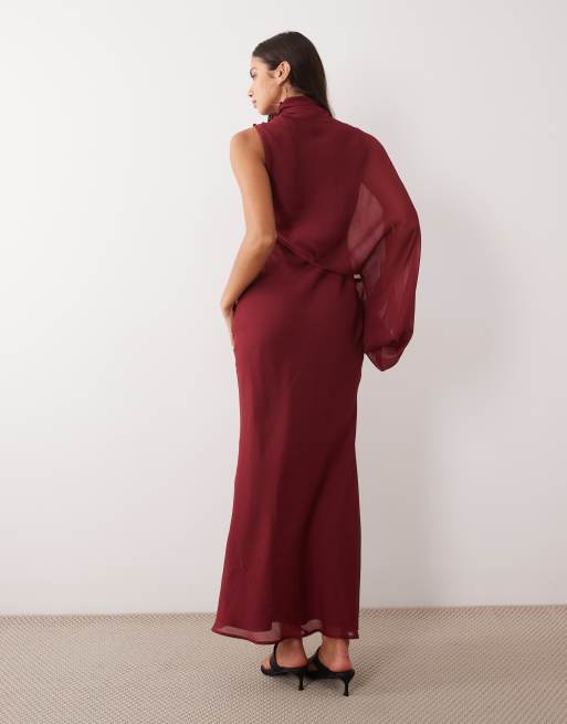 ASOS DESIGN one sleeve blouson overlay bias cut maxi dress in red, 4 of 4