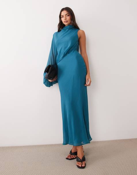 ASOS DESIGN one sleeve blouson overlay bias cut maxi dress in teal - view 1