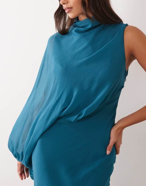 ASOS DESIGN one sleeve blouson overlay bias cut maxi dress in teal, 3 of 4