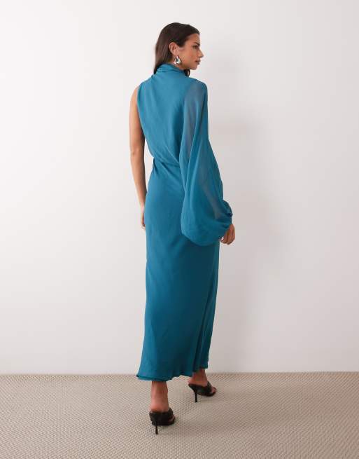 ASOS DESIGN one sleeve blouson overlay bias cut maxi dress in teal, 4 of 4