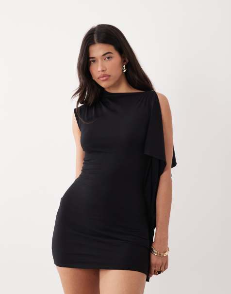 ASOS DESIGN one sleeve cape mini dress with molten button detail in black - view 1