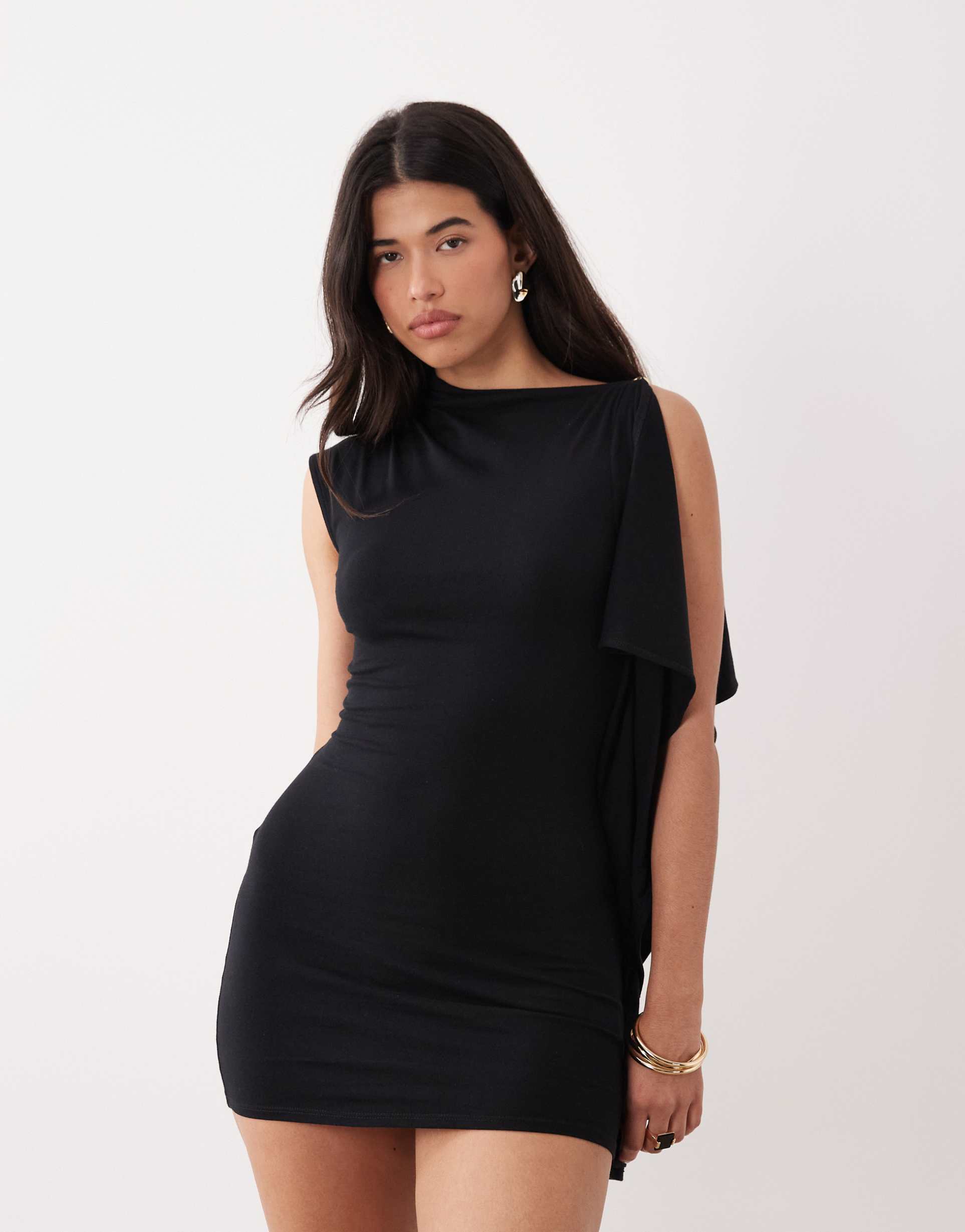 asos design one sleeve cape mini dress with molten button detail in black