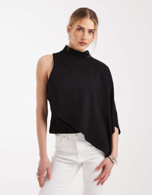Asos Design One Sleeve Cape Top In Black