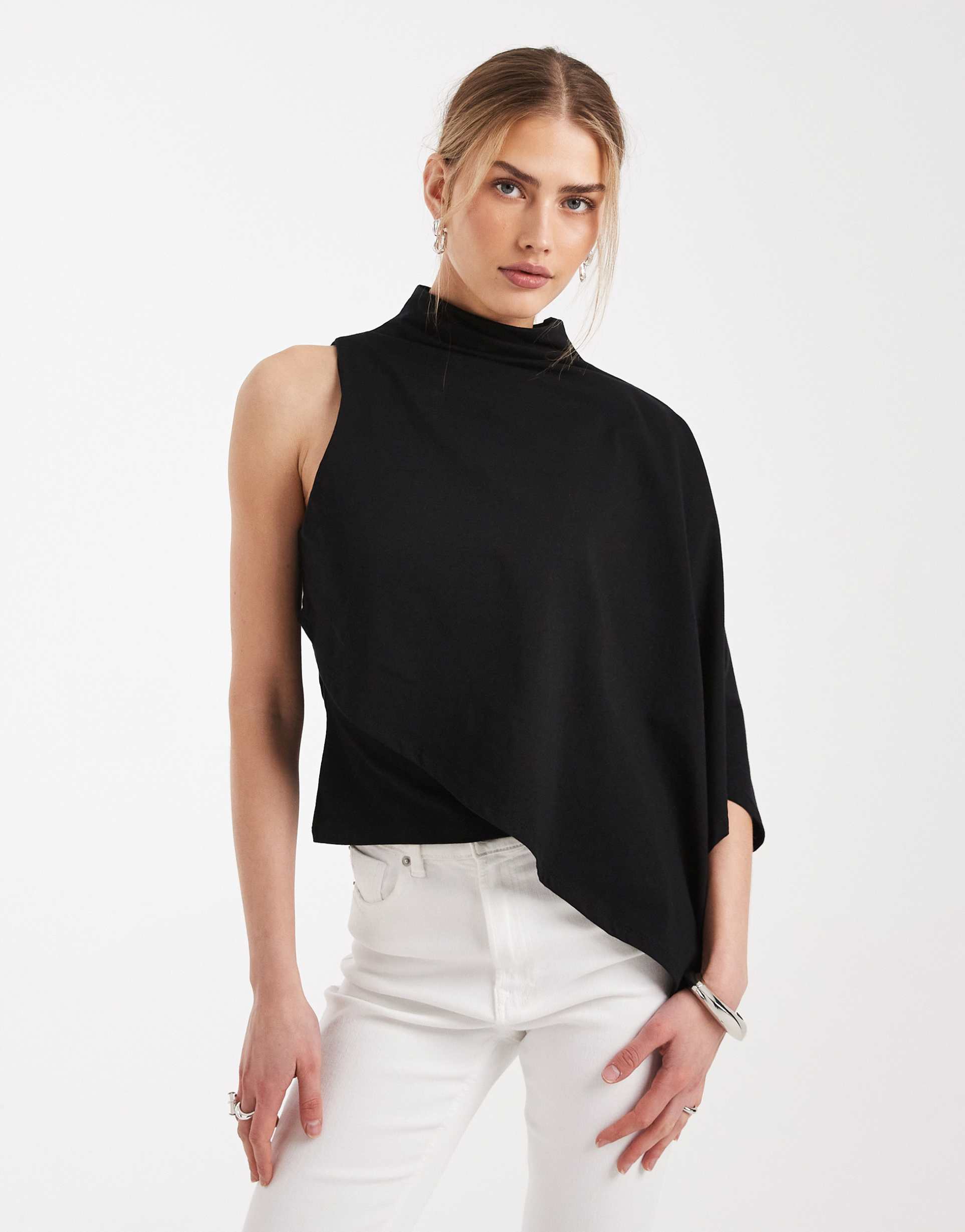 asos design one sleeve cape top in black