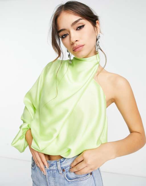 ASOS DESIGN one sleeve cropped blouse with cowl drape neck in green | ASOS