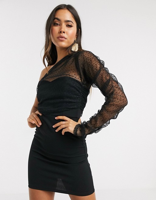 ASOS DESIGN one sleeve dobby mesh mini dress in black